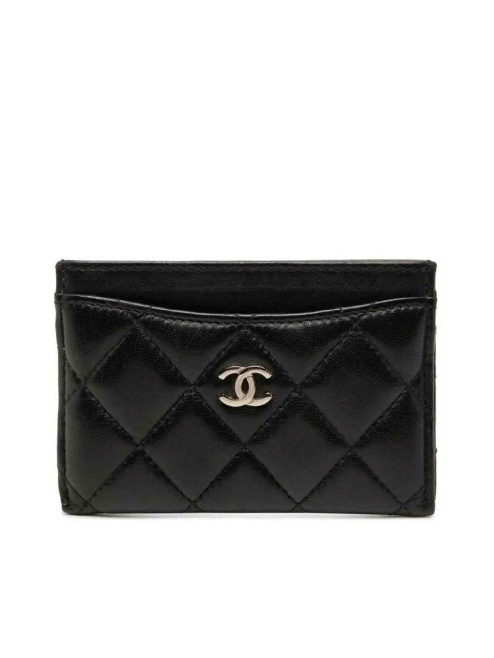 Chanel CC Logo Quilted Card Case Black Lambskin